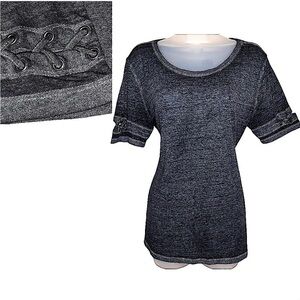 Y2K Mudd Cut Out Crisscross Laced Up Short Sleeve Top Acid Wash Grunge Gray S